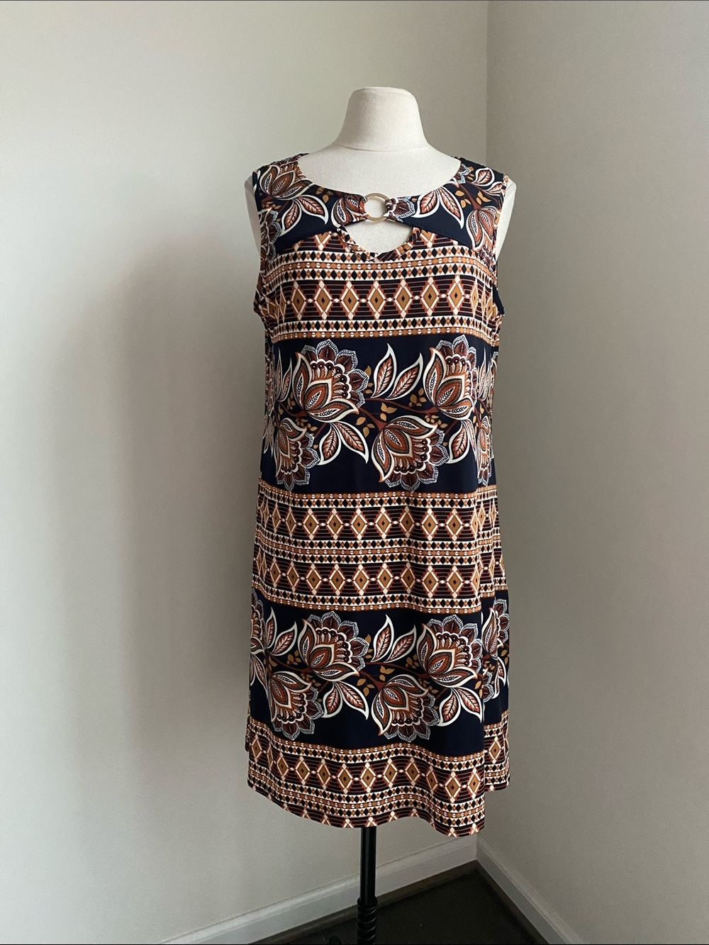 Berkeley Jensen Sleeveless Navy Floral Print Shift Dress Womens Sz XL